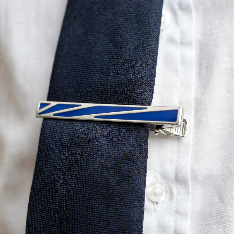 Silver-Tone Tie Clip With Geometric Blue Enamel Inlay