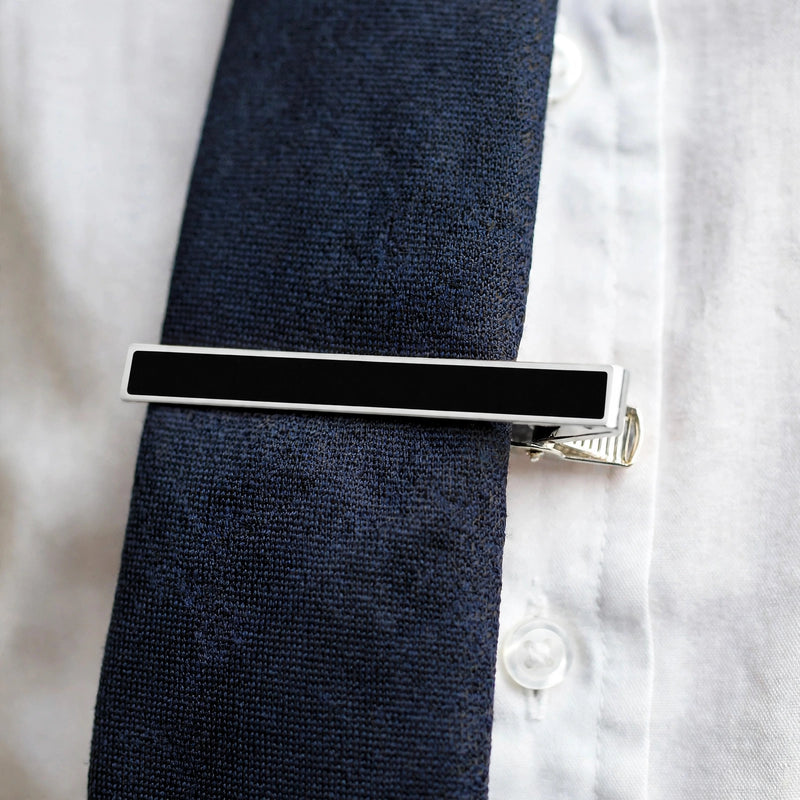 Silver-Tone Tie Clip with Black Enamel Inlay