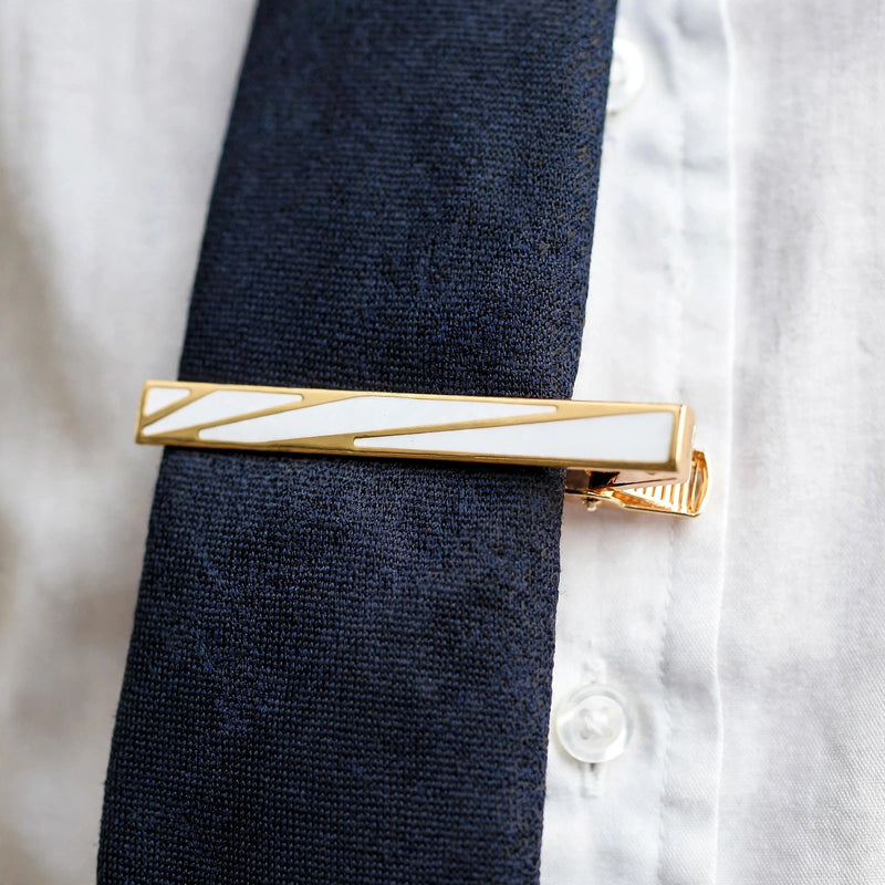 Gold-Tone Tie Clip with White Enamel Inlay
