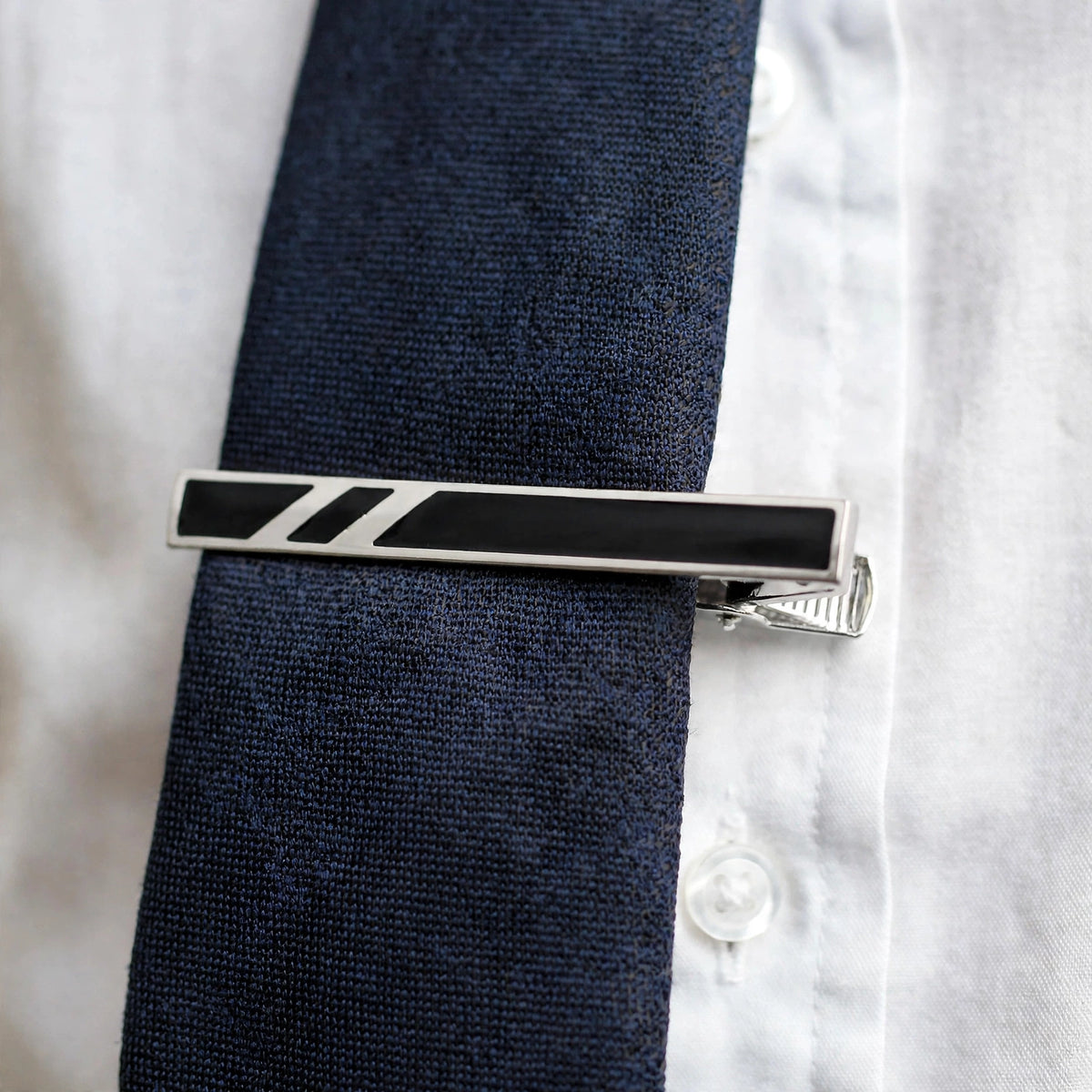 Silver-Tone Tie Clip with Black Enamel Inlay