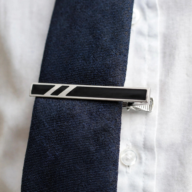Silver-Tone Tie Clip with Black Enamel Inlay