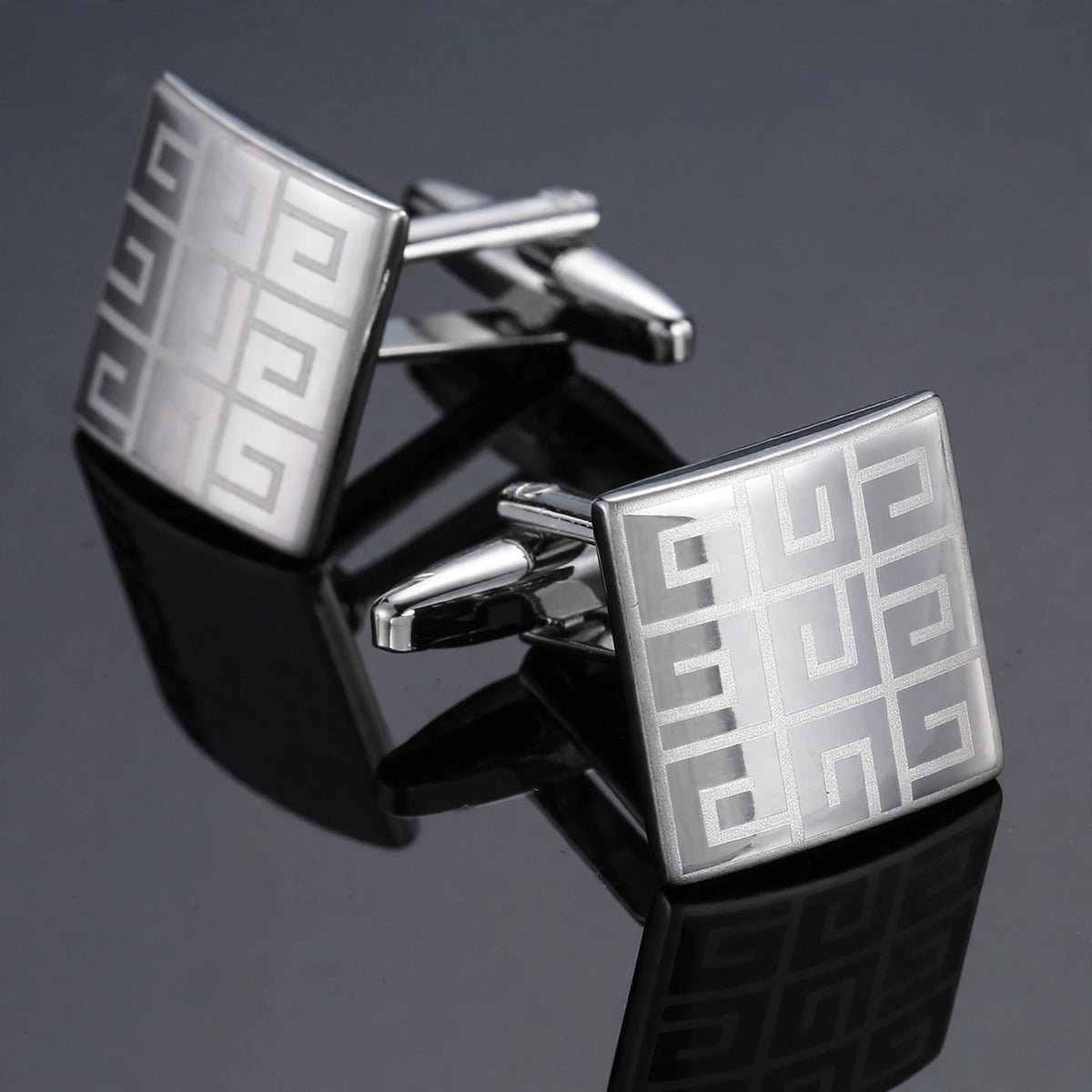 Silver-Tone Cufflinks with Etched Square Pattern