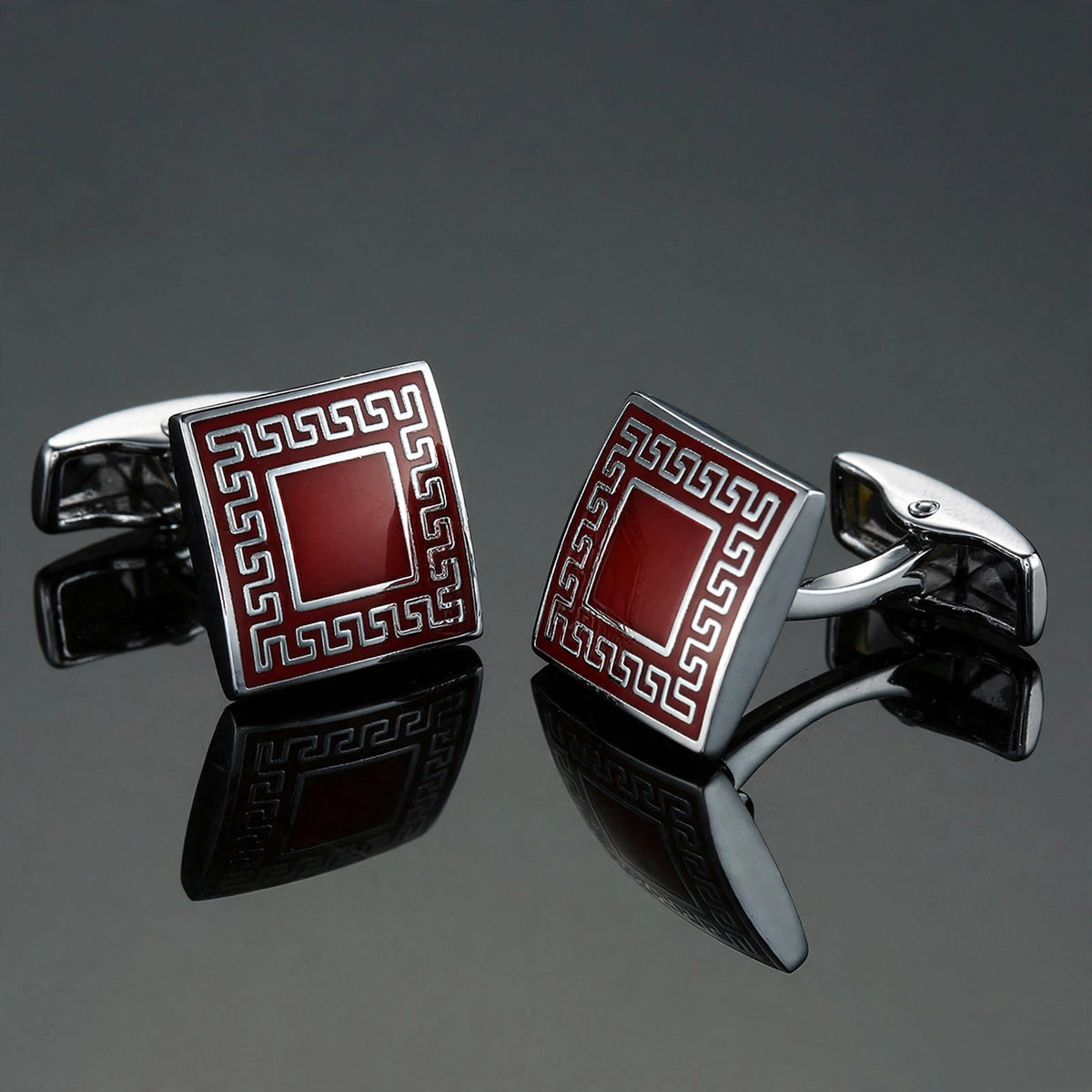 Red Enamel and Greek Key Border Cufflinks