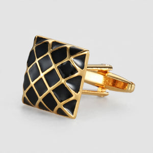 Gold-Tone Cufflinks with Black Enamel Quilted Grid