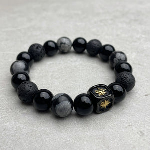 Beaded Stone Bracelet with Engraved Compass Cube