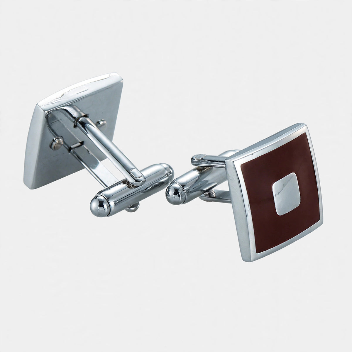 Silver-Tone Cufflinks with Brown Enamel Square