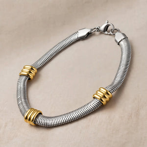 Silver-Tone Snake Chain Bracelet With Triple Gold-Tone Ring Accents