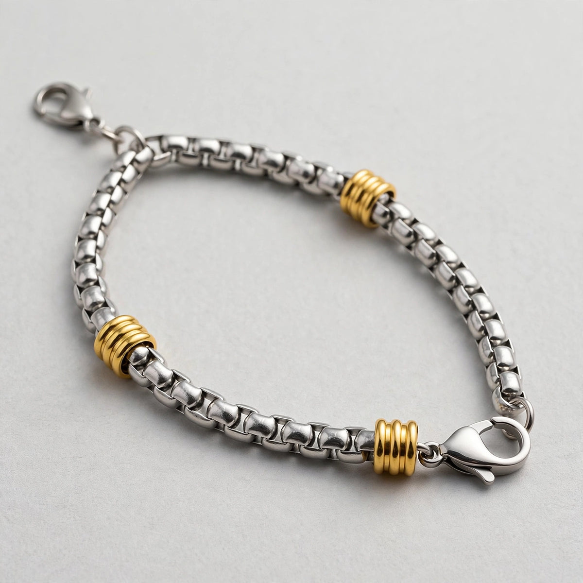 Silver-Tone Box Chain Bracelet With Gold-Tone Ribbed Stations