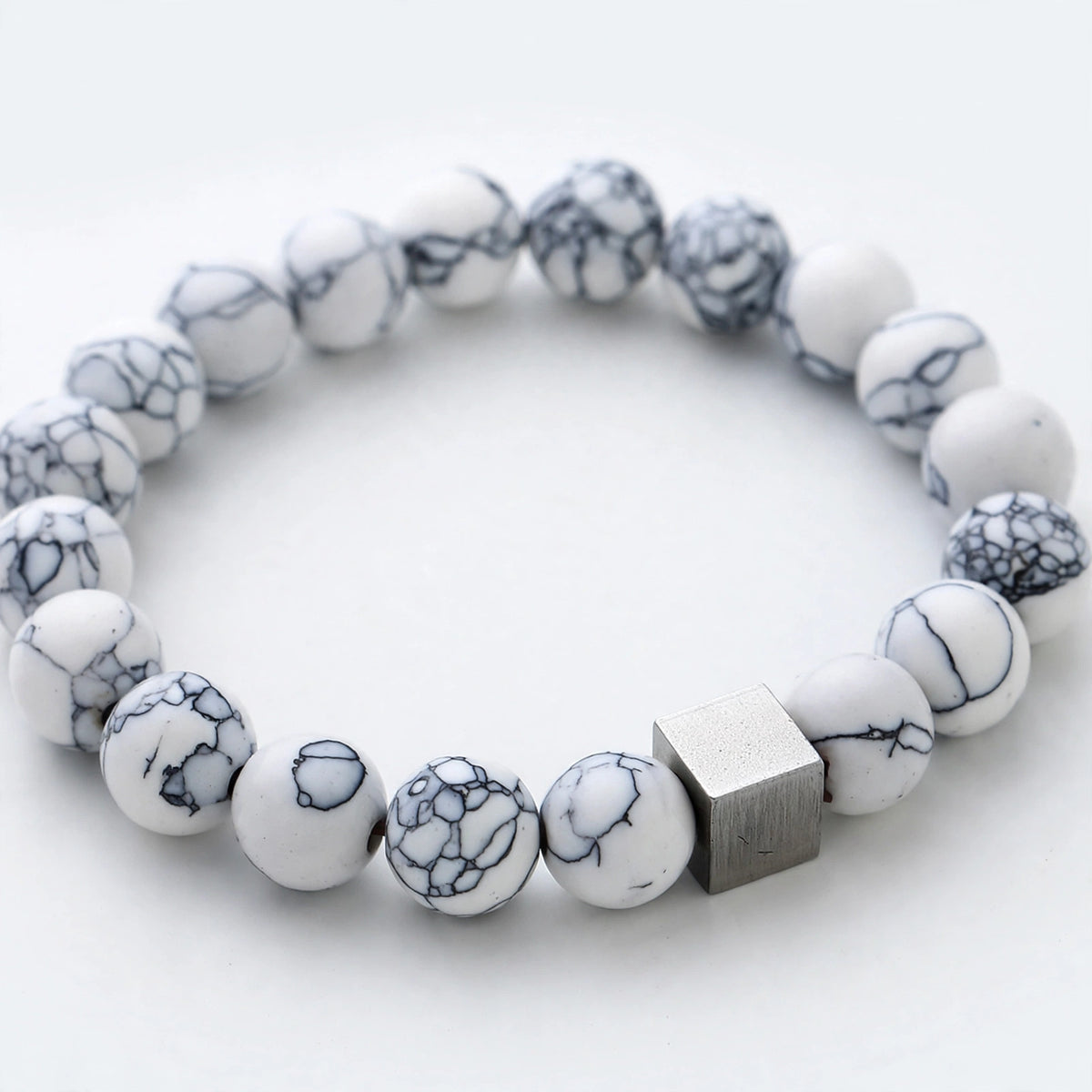 White Marble-Effect Bead Bracelet with Matte Cube