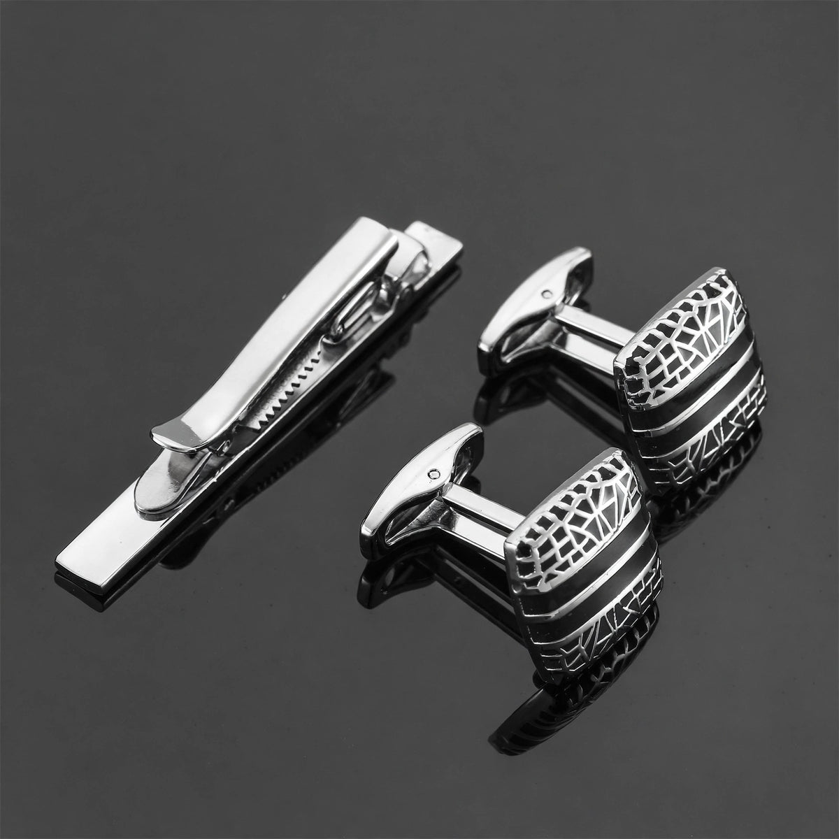 Silver-Tone Geometric Enamel Cut-Out Cufflink and Tie Clip Set
