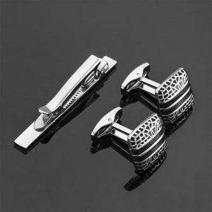 Silver-Tone Geometric Enamel Cut-Out Cufflink and Tie Clip Set