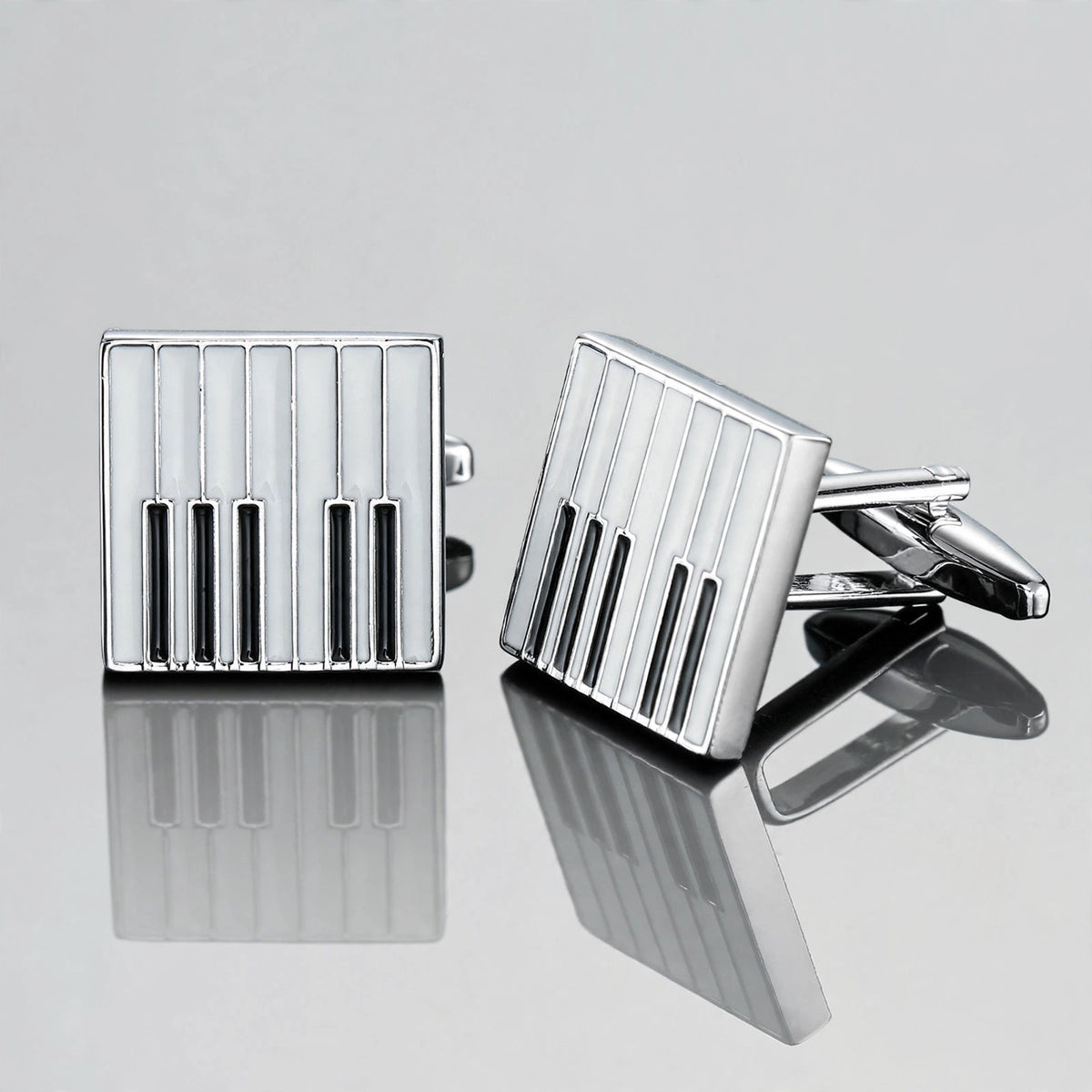 Silver-Tone Cufflinks with Piano Key Enamel Pattern