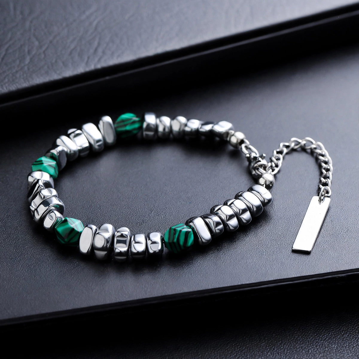 Malachite-Stone Bead and Steel Nugget Men's Bracelet