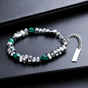 Malachite-Stone Bead and Steel Nugget Men's Bracelet