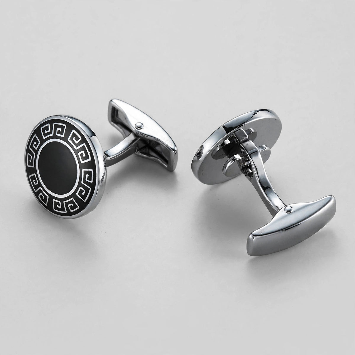 Silver-Tone Cufflinks with Black Enamel Greek Key Border