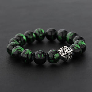 Black and Green Bead Bracelet with Openwork Silver-Tone Bead