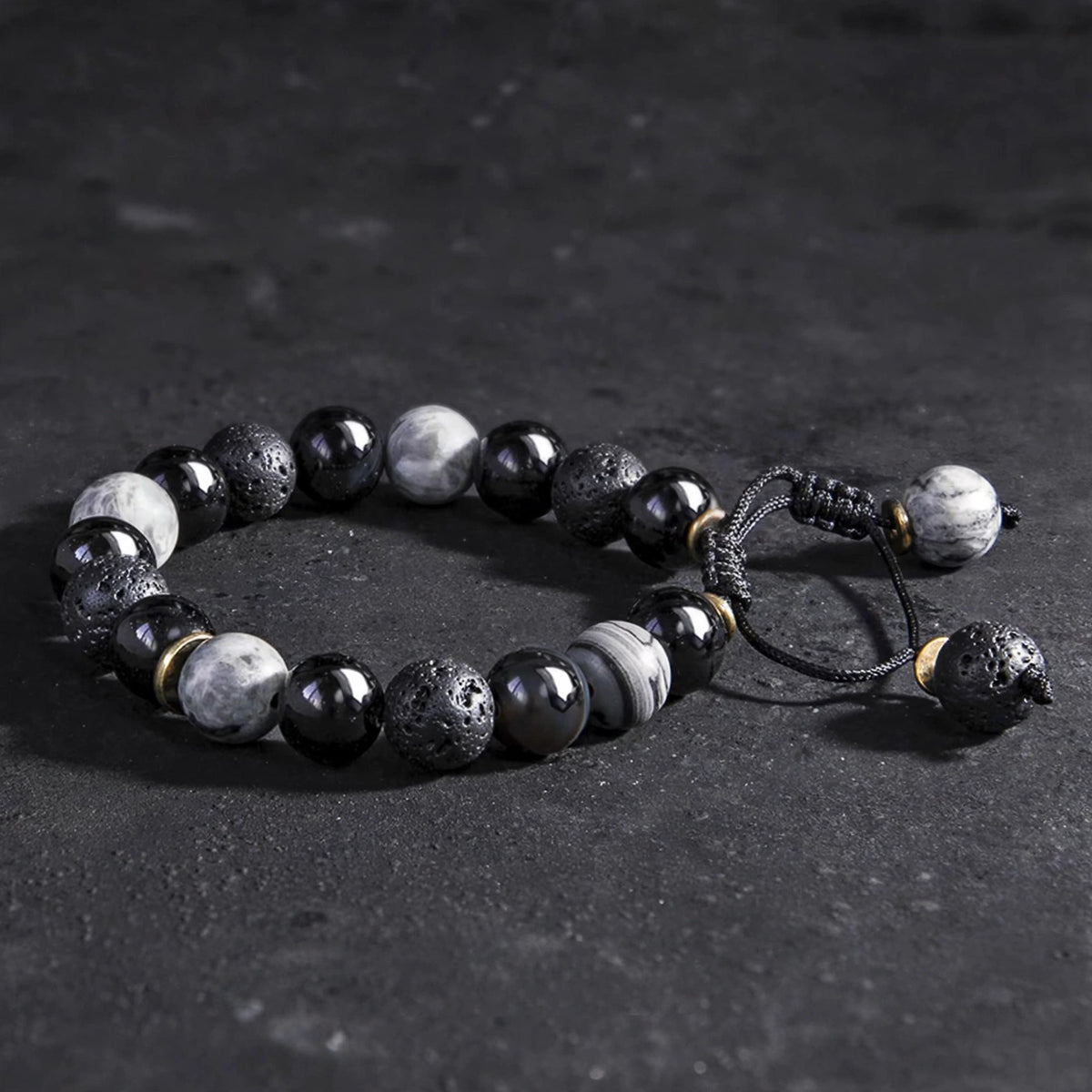 Men's Matte Lava Stone And Polished Agate Bracelet