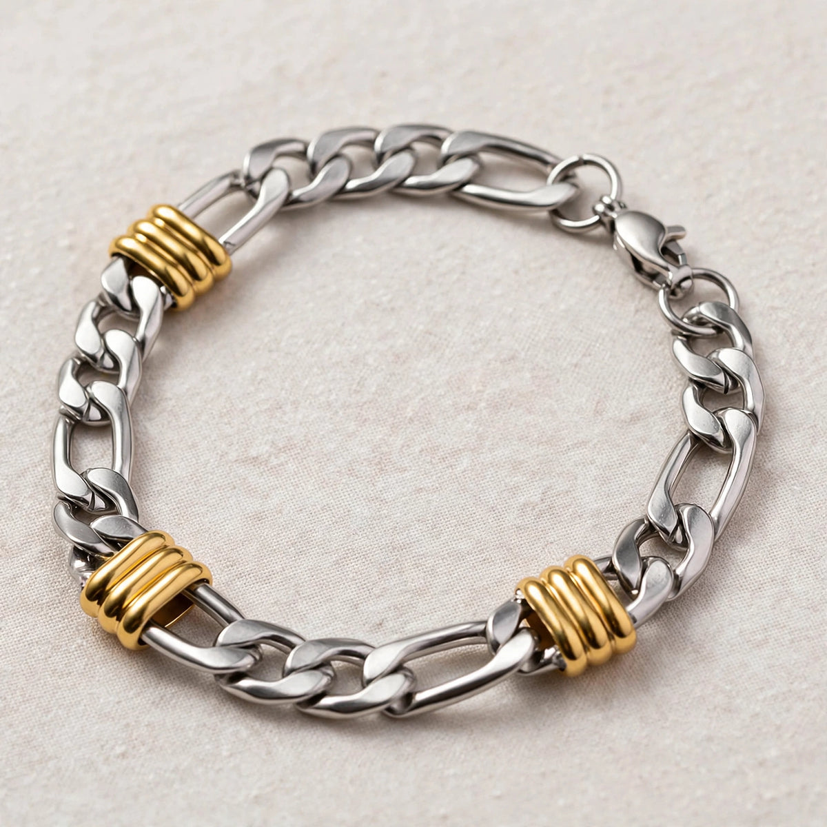Silver-Tone Curb Link Bracelet With Gold-Tone Ribbed Stations