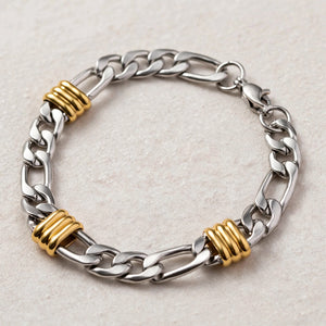 Silver-Tone Curb Link Bracelet With Gold-Tone Ribbed Stations
