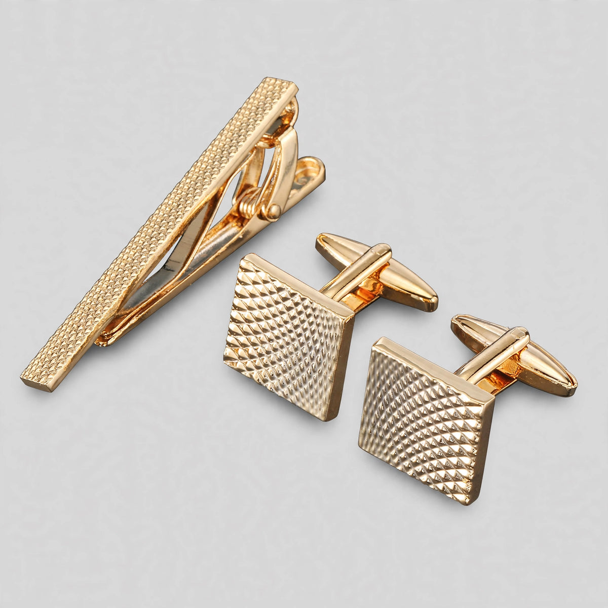 Gold-Tone Pyramid-Textured Cufflink and Tie Clip Set