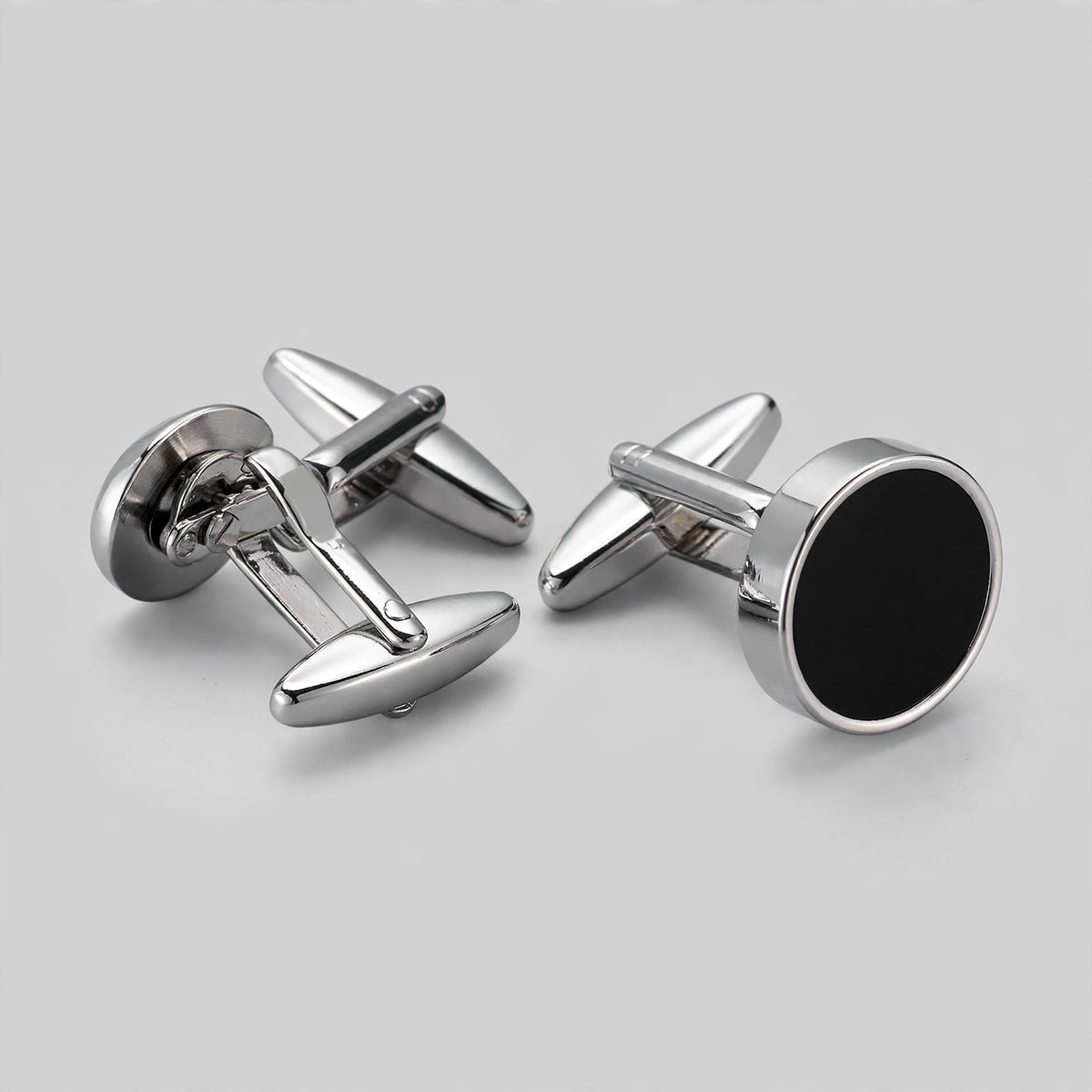 Silver-Tone Cufflinks with Black Enamel Inlay