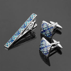 Silver-Tone Tie Clip and Cufflink Set with Blue Enamel Quatrefoil